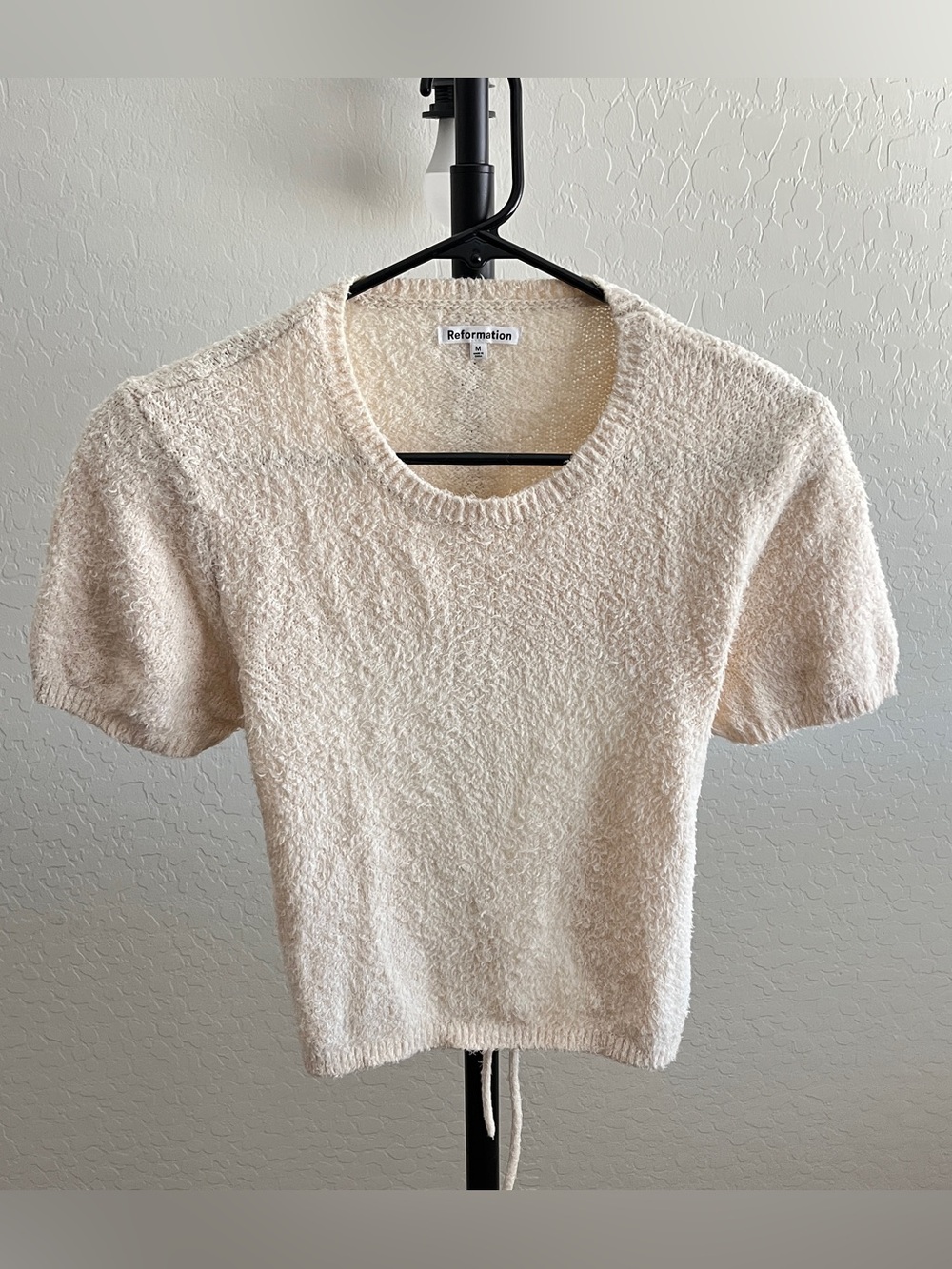 Reformation Ivory Textured Short Sleeve Sweater Top Open Back